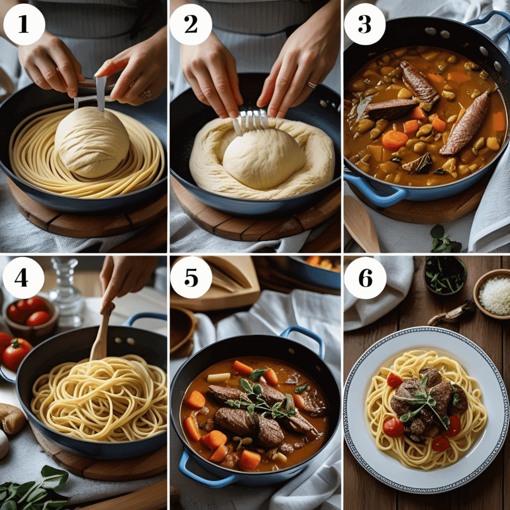 A colorful spread of seven traditional European dishes, including pasta, paella, schnitzel, and pastries, beautifully arranged on a rustic wooden table.