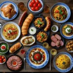 A colorful spread of seven traditional European dishes, including pasta, paella, schnitzel, and pastries, beautifully arranged on a rustic wooden table.