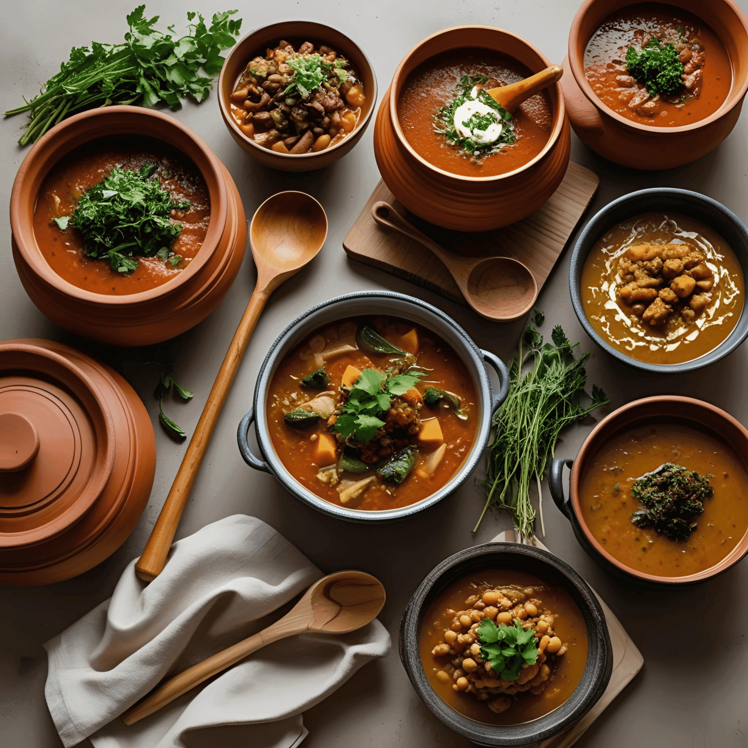 A hearty display of traditional heritage soups and stews from around the world, served in rustic bowls with fresh herbs and ingredients on a wooden table.