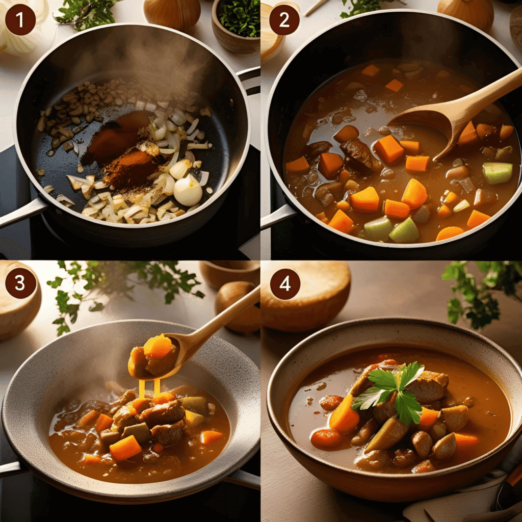 A hearty display of traditional heritage soups and stews from around the world, served in rustic bowls with fresh herbs and ingredients on a wooden table.

